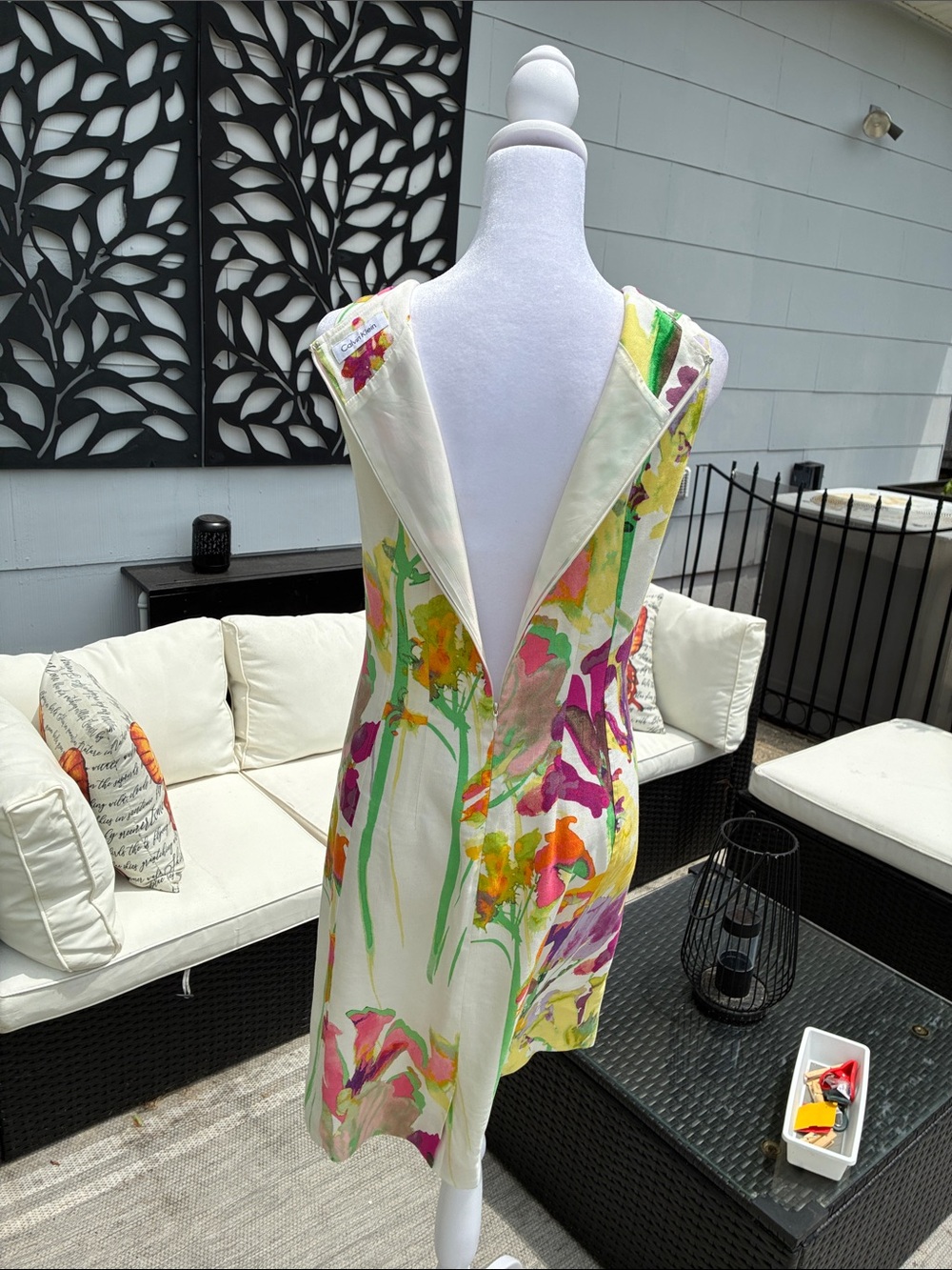 Calvin Klein Sleeveless Linen Blend Dress, Ivory w/ Multi-Color Floral Design 10 - Picture 10 of 12